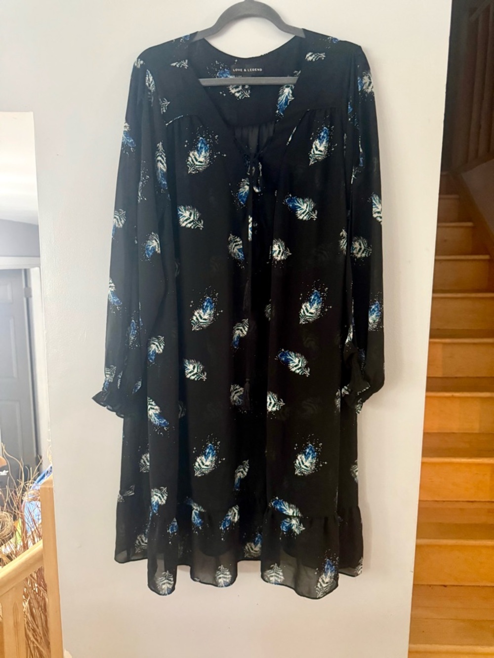 Love & Legend Black Midi Dress with Feather Print Sheer Slit Sleeves Plus Size